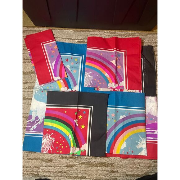 Vintage 80’s Unicorn handkerchief Bandana Stars Rainbow Scarf Mask Curtain USA l - Picture 5 of 8